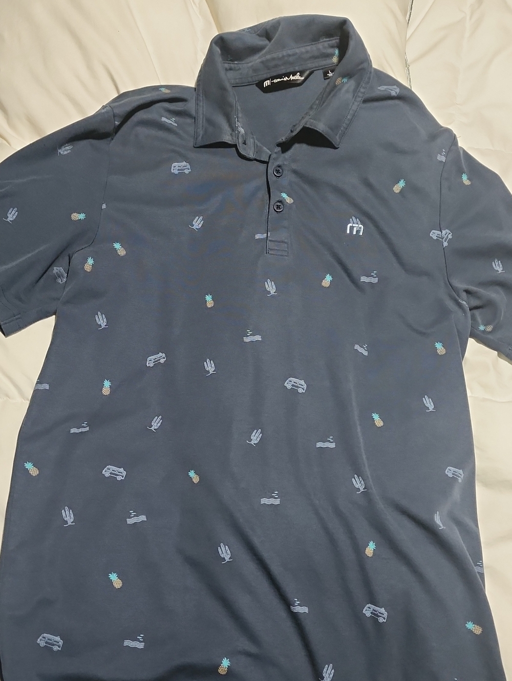 Travis Mathews Men's Navy Polo Shirt with Micro Print